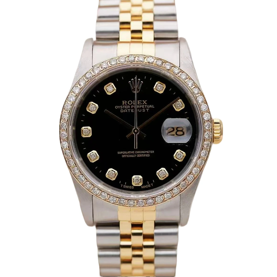 99新 Rolex/劳力士 日志16233后钻/36MM间金钢带黑盘机械男款腕表