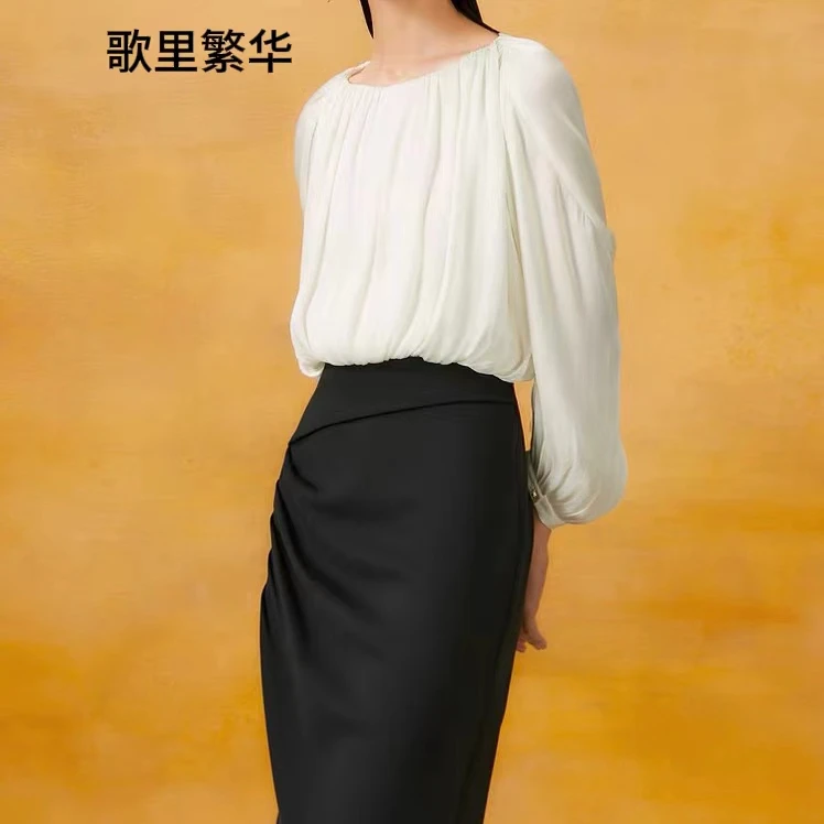 G+2025秋季本白色欧根纱百褶淑女气质百搭女上衣0100长袖褶皱女士