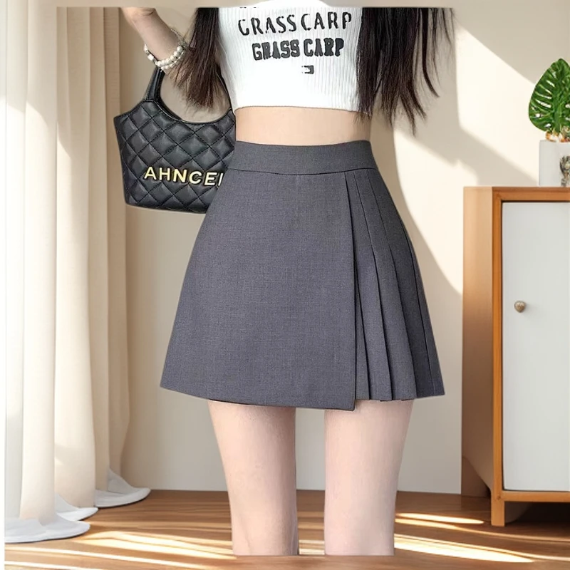 大码灰色西装短裤2025夏季外穿高腰气质百褶裙不规则休闲A字裙裤