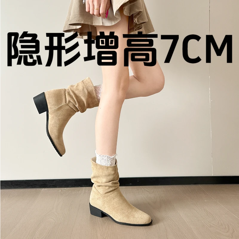 新款内增高春秋靴子女长筒靴卡其色薄款配裙子堆堆小个子中筒女鞋