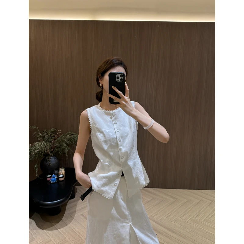 饭饭FANN COLLECTION 清斋 100亚麻蕾丝花边无袖背心FANND062