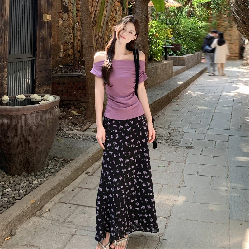 7206#斜肩不规则长袖T恤女修身显瘦高腰碎花半身裙女2025秋季套装