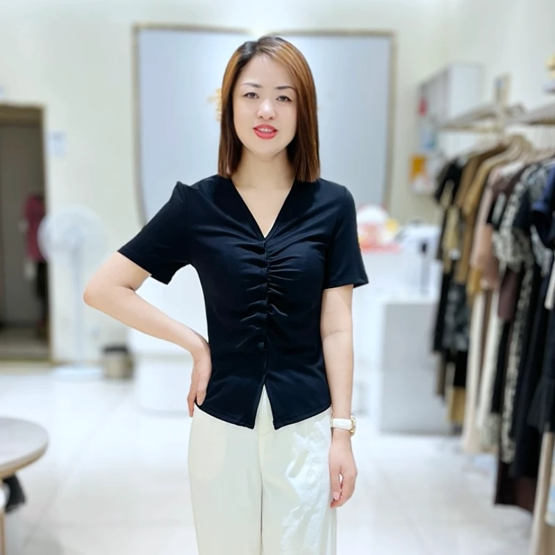 不规则3205女士夏季褶皱修身T恤短袖显瘦V领体恤衫