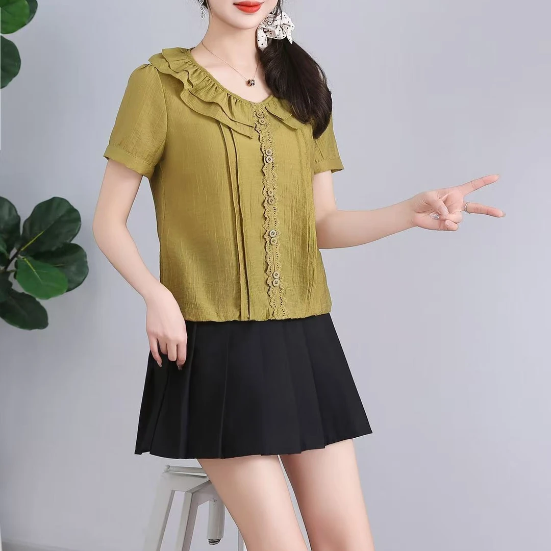 29512#双层荷叶领短袖衬衫女洋气显瘦气质时尚百搭韩版夏季