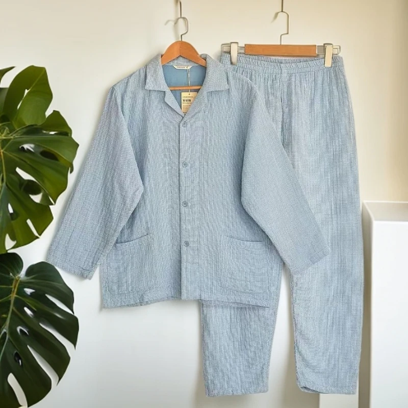 【男款2026款气囊四层纱】长袖柔软纯棉睡衣舒适肤感吸汗提花秋冬