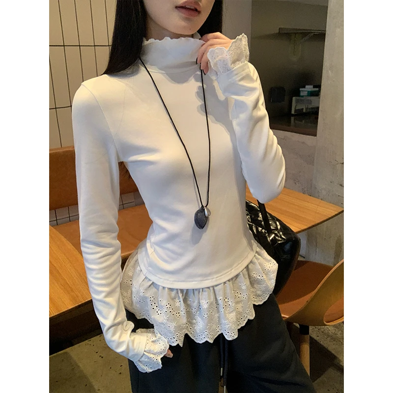 【运费险+现货现发】蕾丝拼接花边高领打底衫秋冬chic长袖T恤设计感