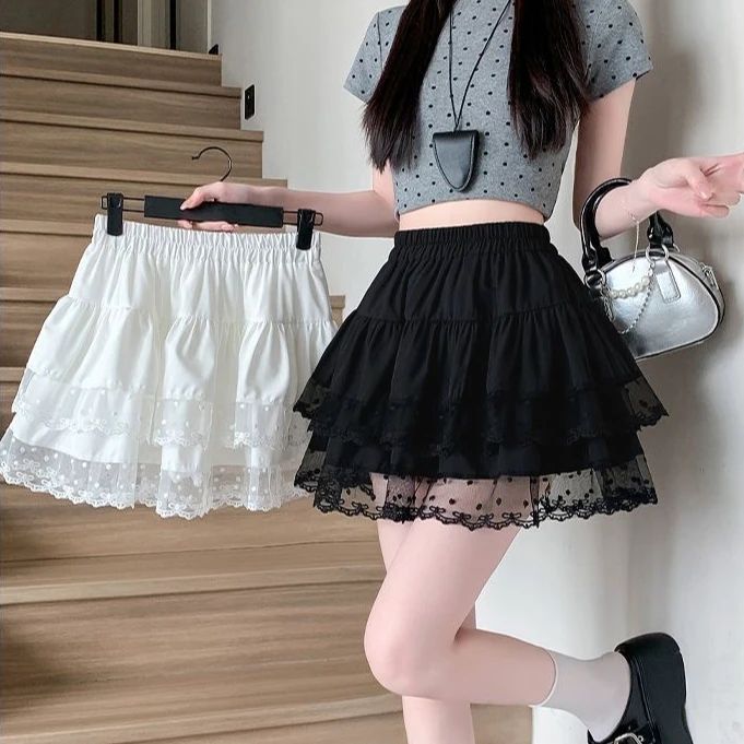 法式白色芭蕾风蕾丝花边半身裙蛋糕裙女夏季高腰防走光蓬蓬裙短裙