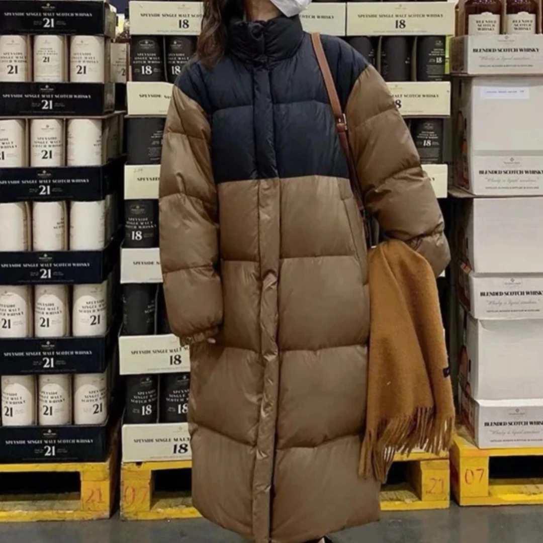 （C07）撞色拼接中长款面包服立领加厚宽松过膝外套冬季