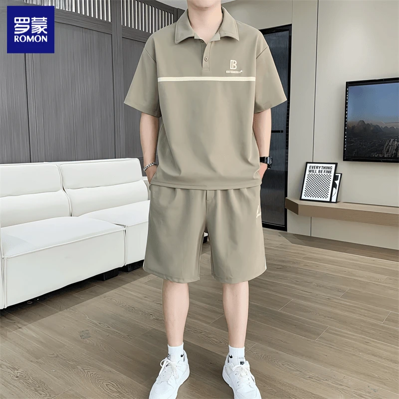 罗蒙Romon/罗蒙男士短袖T恤套装时尚休闲百搭宽松透气薄款运动Pol