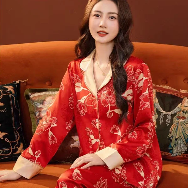 达芬奇密码冰丝可外穿睡衣女鎏光风两件套家居服本命年礼盒装花萝