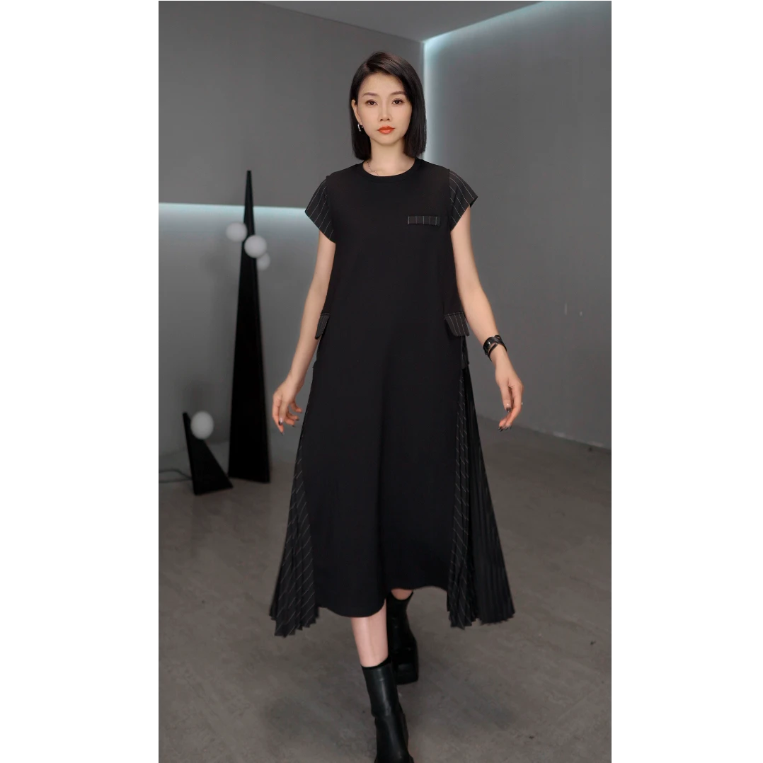 鑫鑫高级感气质连衣裙女2025夏季新款胖mm显瘦圆领遮肚裙子T1055