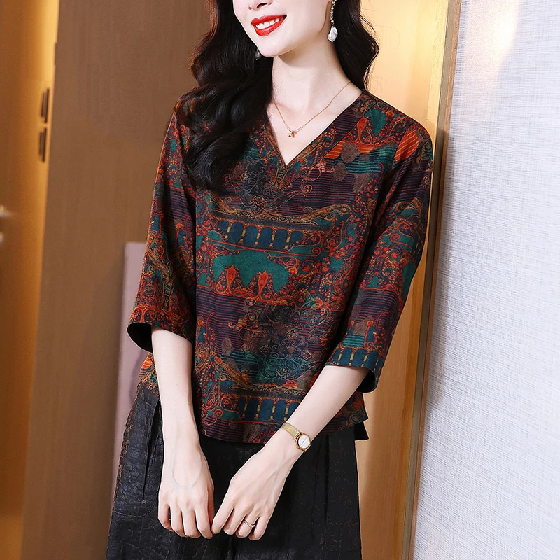 春秋印花香云纱真丝上衣女气质v领七分袖100桑蚕丝上等真丝女上衣