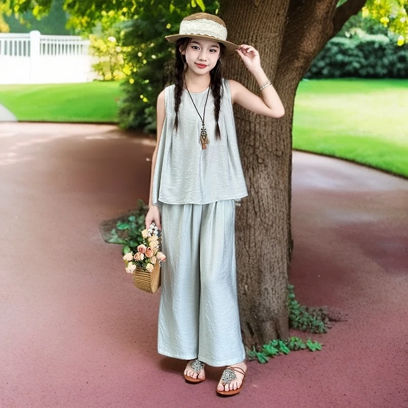 女童无袖套装夏装2025新款大童夏季休闲裤背心韩版透气运动两件套