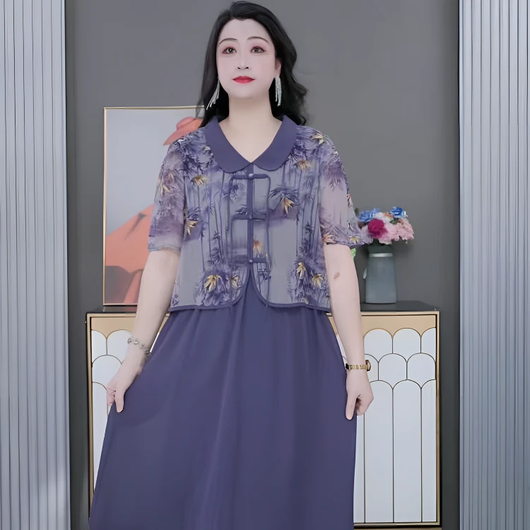 木棉林大码女装新款假两件碎花连衣裙宽松遮肉短袖娃娃领裙240311