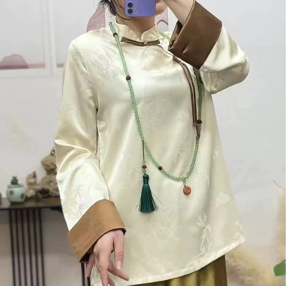 新中式时尚长袖女装春季民族风提花上衣薄款斜襟气质常规款中国风