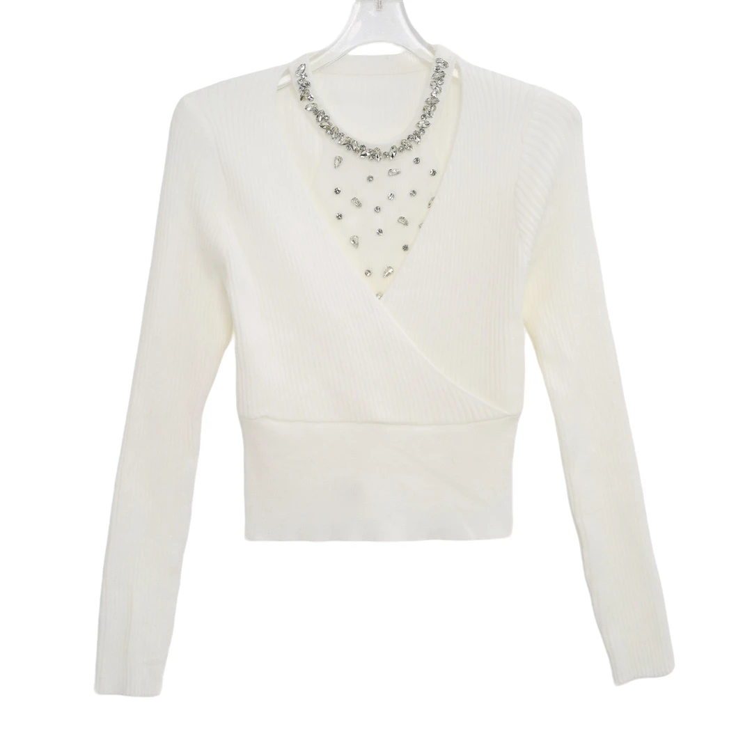 【AS满钻】25新手工镶钻气质挂脖弹力修身针织衫