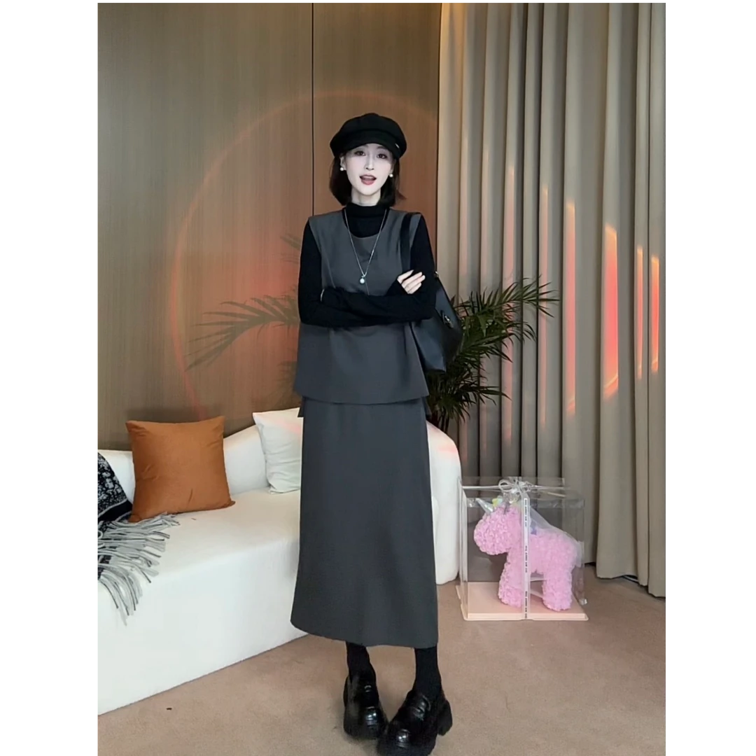 【三件套】春秋新款时尚3242洋气减龄马甲纯色打底衫半身裙女套装