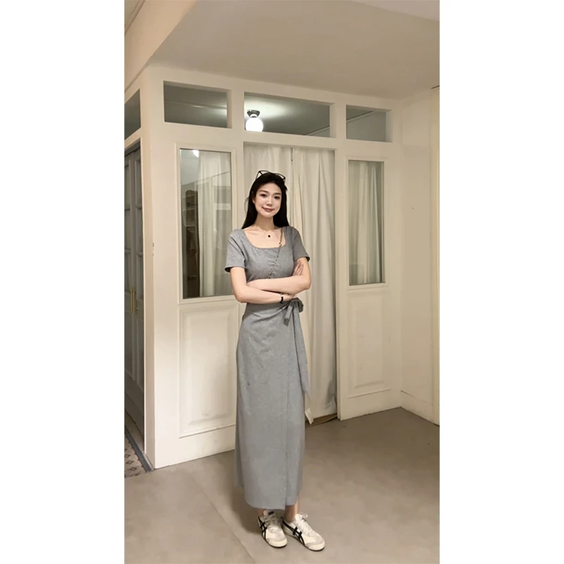 48h 懒人天菜/加长扭结绑带U领针织气质显瘦长款t恤裙女 SU209