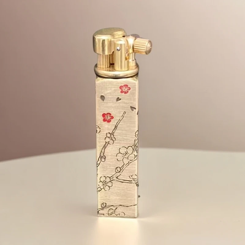 手工迷你复古纯铜煤油打火机高档浮雕乾坤览梅朱砂填彩侧滑小巧机