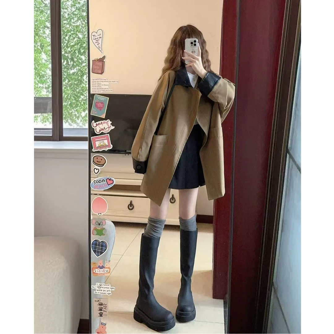 韩系风衣外套女巴恩风撞色翻领中长款高级感巨好看小个子流行大衣