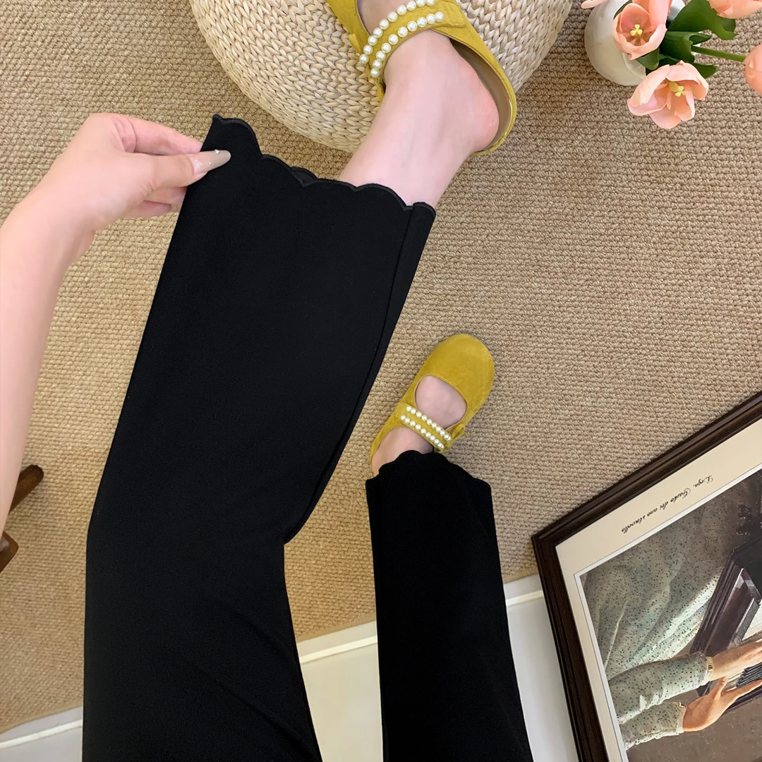 2025早秋新款黑色花边九分直筒裤梨形身材高腰显瘦弹力阔腿休闲裤