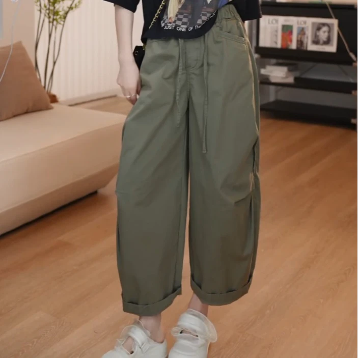 2025春夏季新款纯棉工装裤休闲宽松百搭弯刀阔腿裤时尚气质八分裤