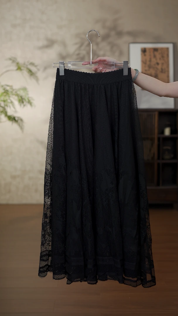 GONG QUE 新中式早春款松紧腰百搭蕾丝半身裙 242714