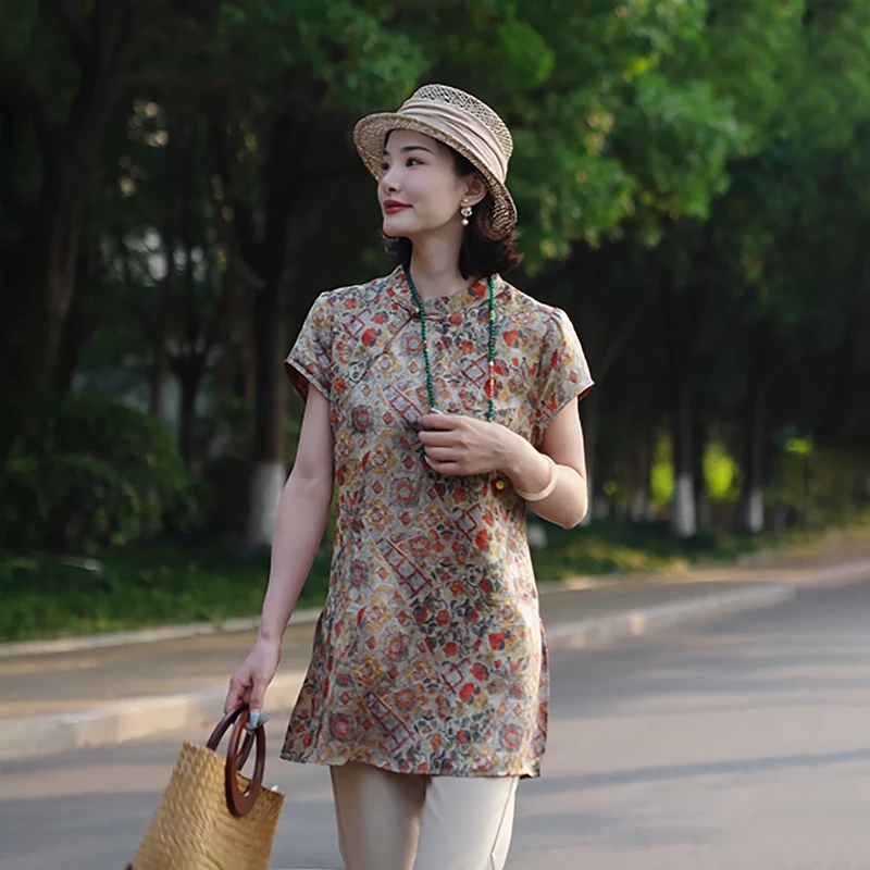 【流金岁月】国风立领盘扣上衣新中式旗袍短袖T恤女5258-25178