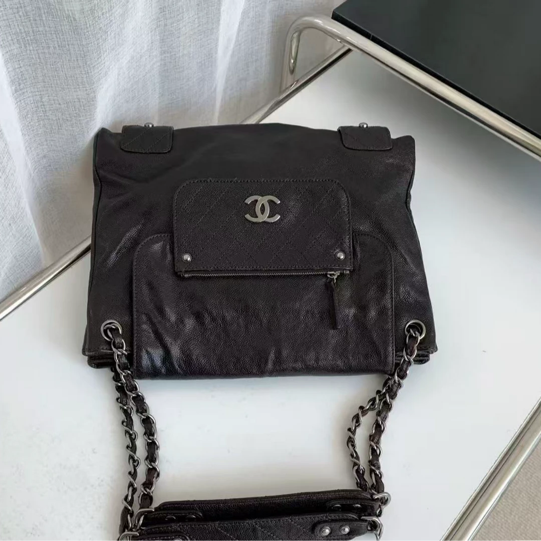 95新 Chanel/香奈儿  07A 黑银荔枝纹机车包 11开 二店