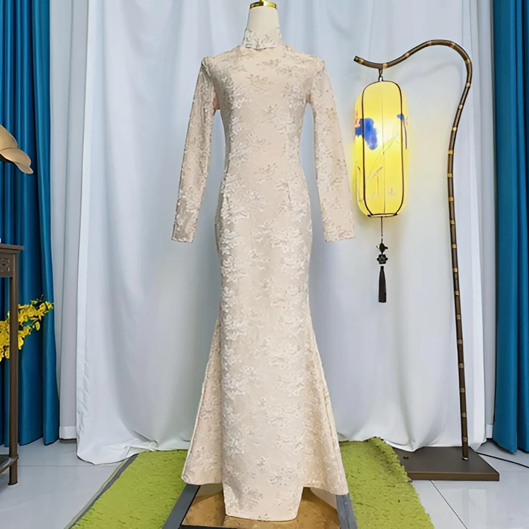 编码2501 春季新款米白气质时尚中国风鱼尾裙