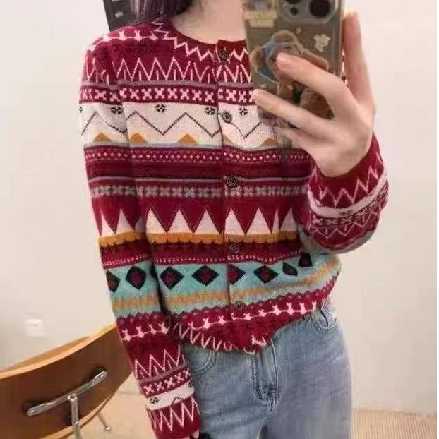 复古针织开衫女外穿2025冬季新款百搭圆领民族风拼色毛衣外套A607