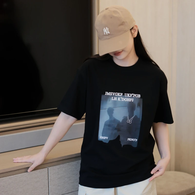 韩系白色短袖t恤男夏季2025新款宽松显瘦纯棉印花半袖上衣女T恤