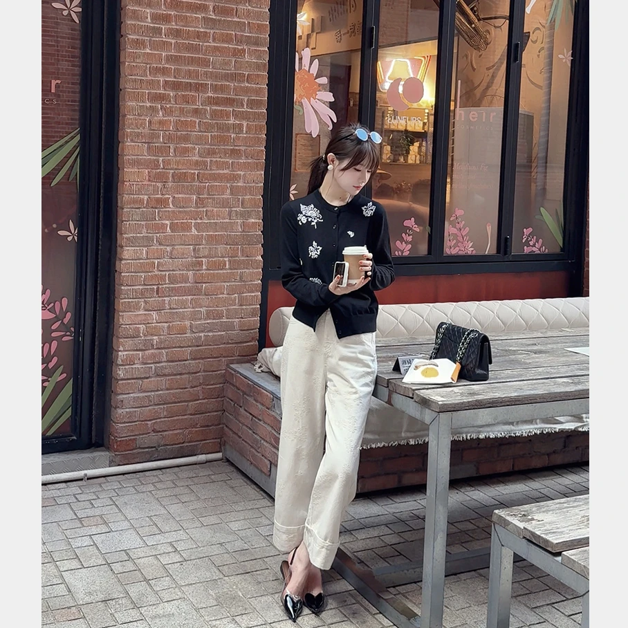 MYRA“花墙”新西兰极细美利诺羊毛钉珠刺绣针织开衫上衣XMSC025379