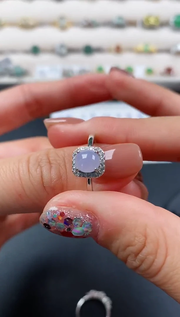 银S925镶嵌戒指翡翠略*略天然缅甸A货翡翠11 9-