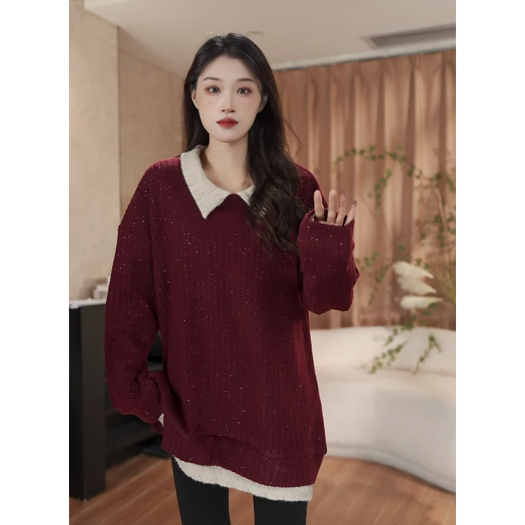 【加绒现货】秋冬韩系穿搭翻领假两件细闪设计百搭上衣2412133