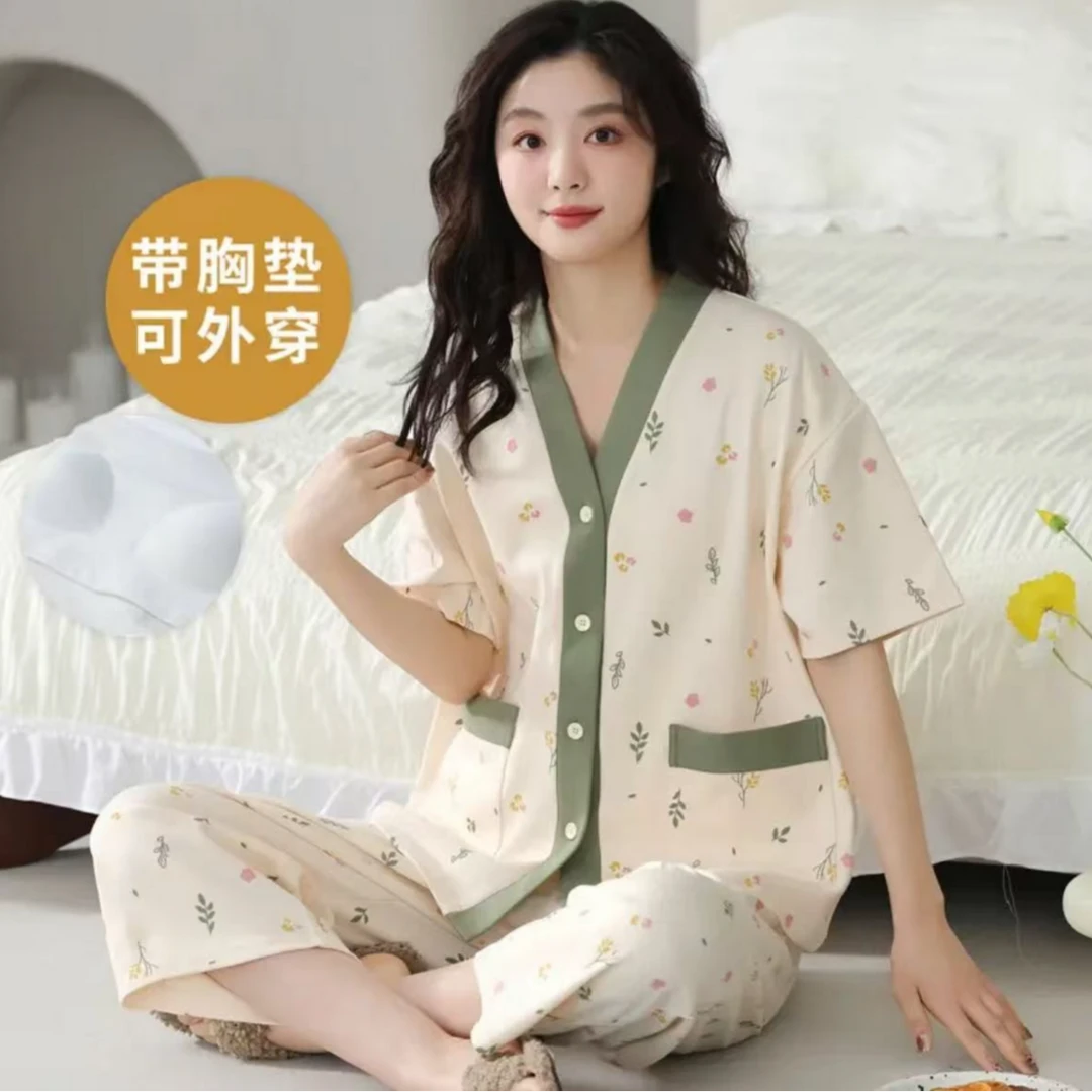 四棉【带胸垫】两件套女士夏季短袖七分裤棉柔家居服睡衣套装5174
