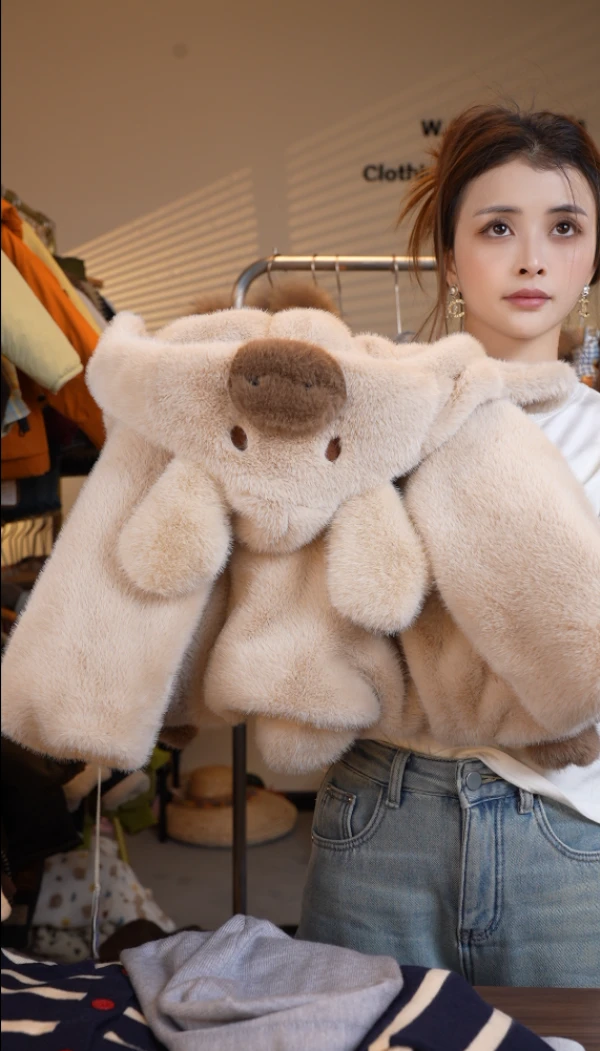 【断码清货特介】【卡皮巴拉】韩版冬季儿童毛毛衣加绒加厚连帽外套