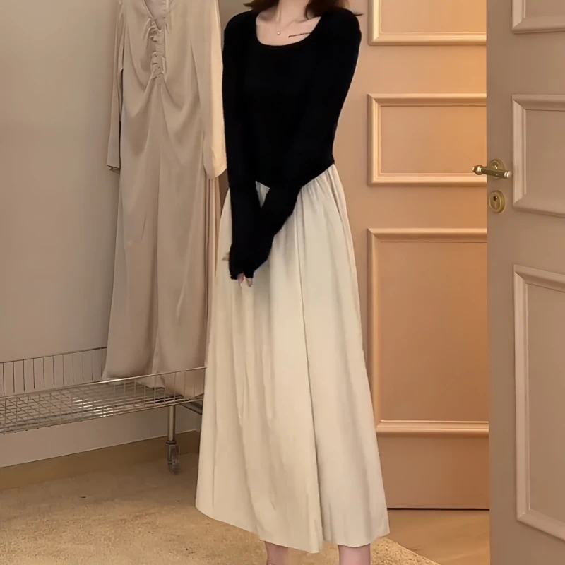 2025早秋大码女装高级感拼接不规则连衣裙u领法式收腰显瘦连衣裙