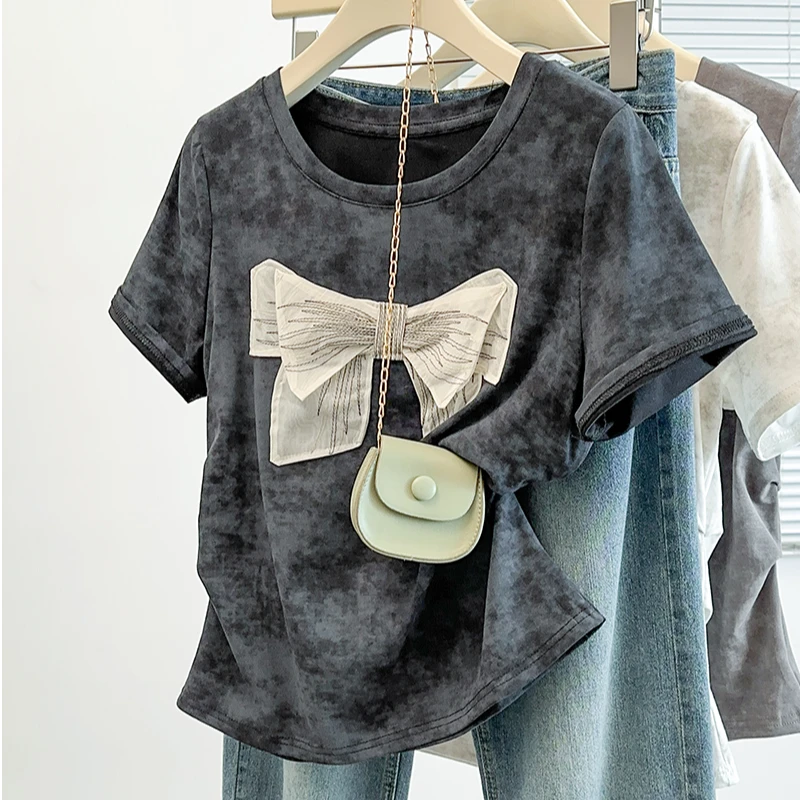 蝴蝶结弧形满月宴哺乳期外出喂奶上衣遮肉显瘦气质立体短袖T恤