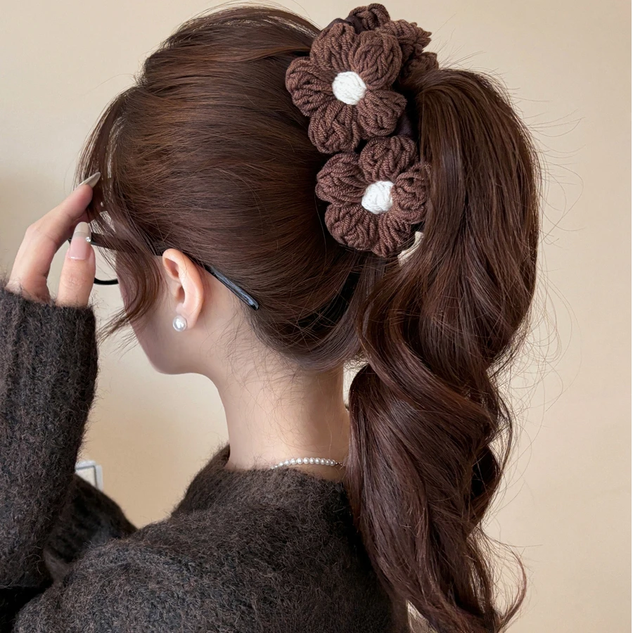 复古毛线花朵香蕉夹竖夹女后脑勺高马尾发夹一字夹抓夹高级感发饰