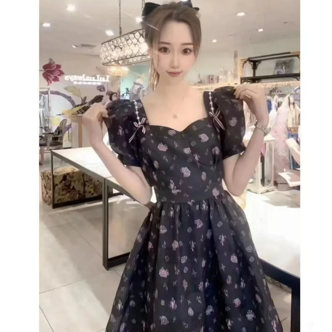 法式蓝色收腰泡泡袖连衣裙女2025新款温柔显瘦设计感短袖裙子女