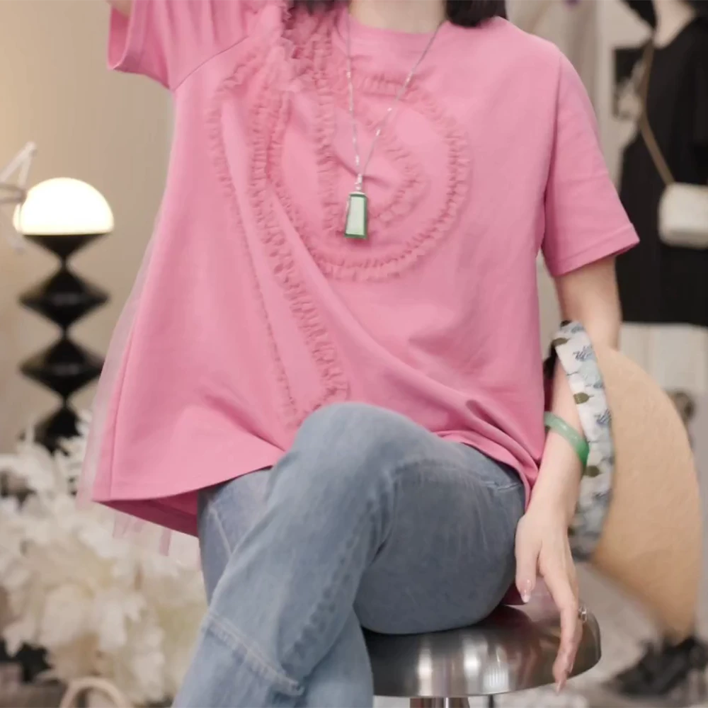 2025夏日出游度假花纹蝴蝶结蕾丝短袖韩版休闲设计感百搭上衣 t