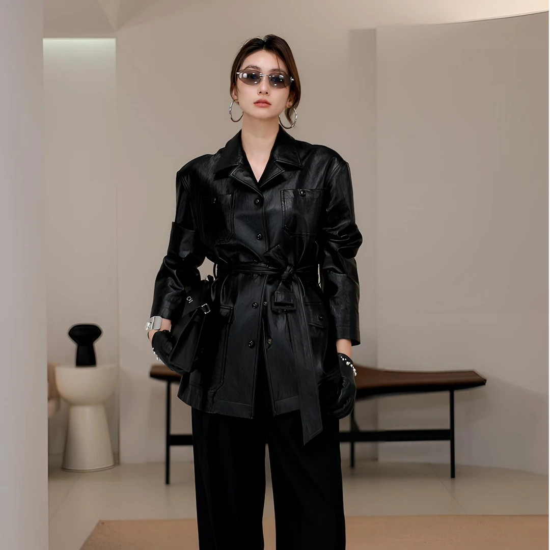 LYNEE【复古巴恩】翻领贴袋PU皮衣外套女酷飒风皮夹克TGD2FAL002