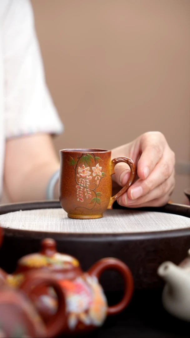 茶壶紫砂柴烧手把杯粉链花