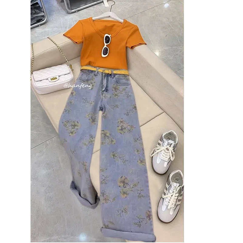 夏日一整套穿搭女2025新款简约百搭上衣宽松慵懒碎花牛仔裤两件套