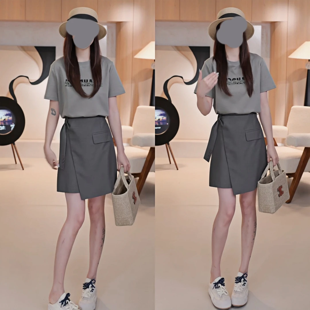 2025夏季新款拼接蕾丝字母短袖T恤+后松紧高腰短裙两件套套装