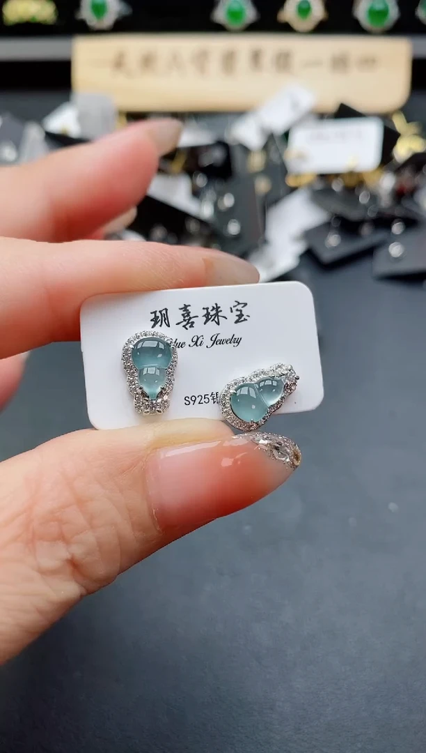 银S925镶嵌翡翠耳饰508