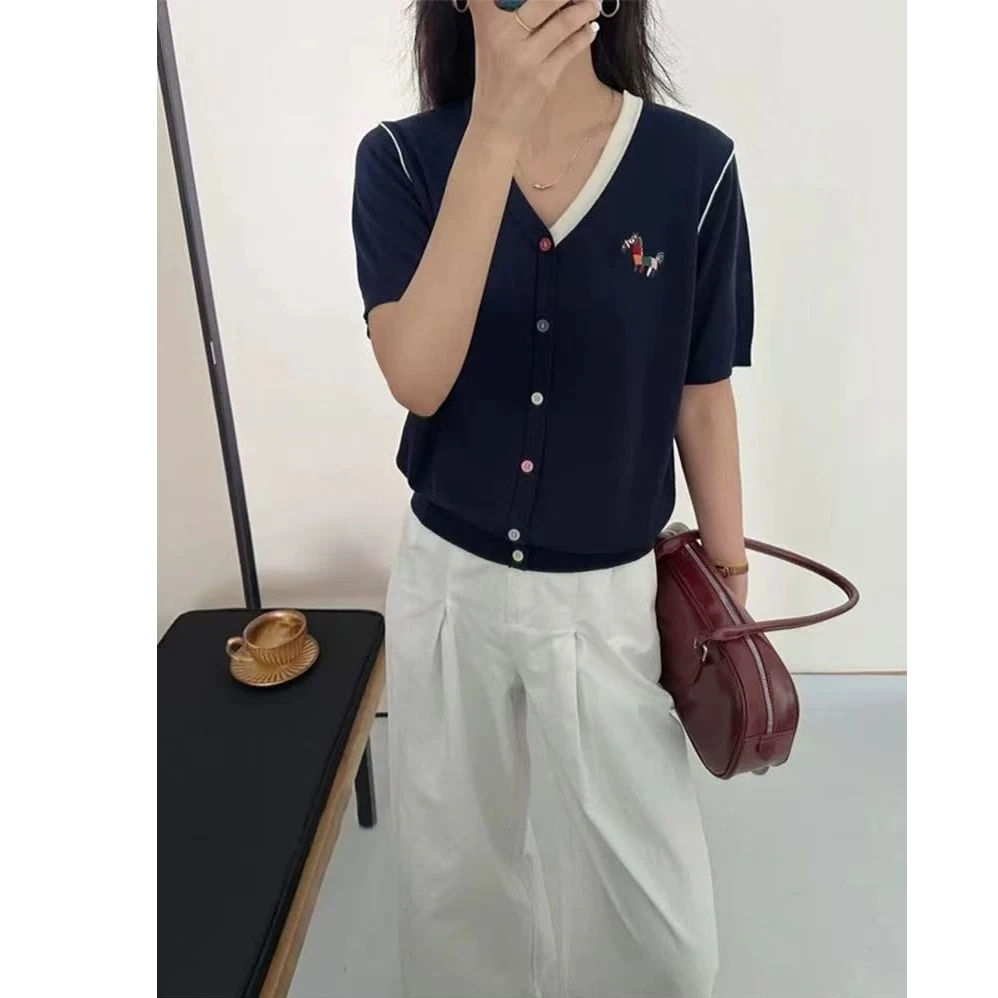 夏季设计感刺绣100莱赛尔天丝短袖针织T恤薄款透气显瘦1245-1