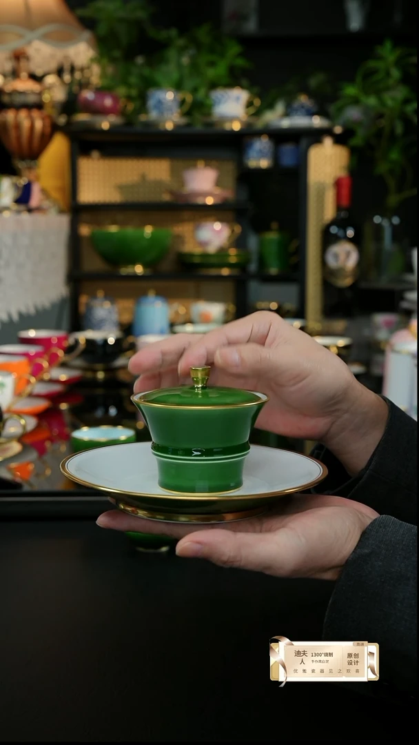手工翡翠绿盖碗+壶承，，，，，，