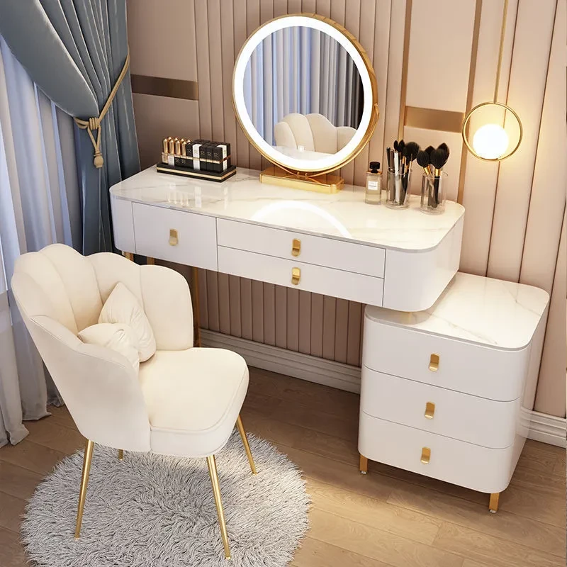 实木岩板梳妆台卧室化妆台轻奢高级感收纳一体家用柜化妆桌